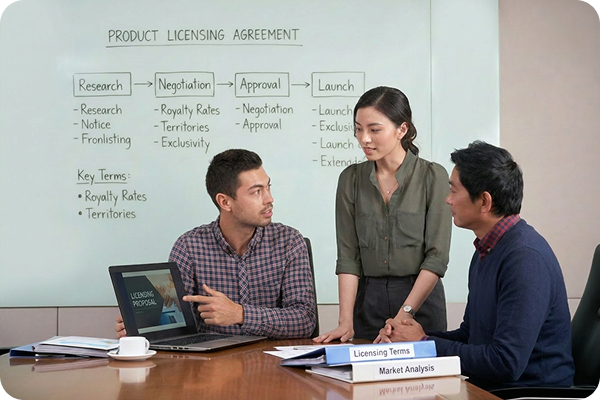 Business team discussing product licensing agreement